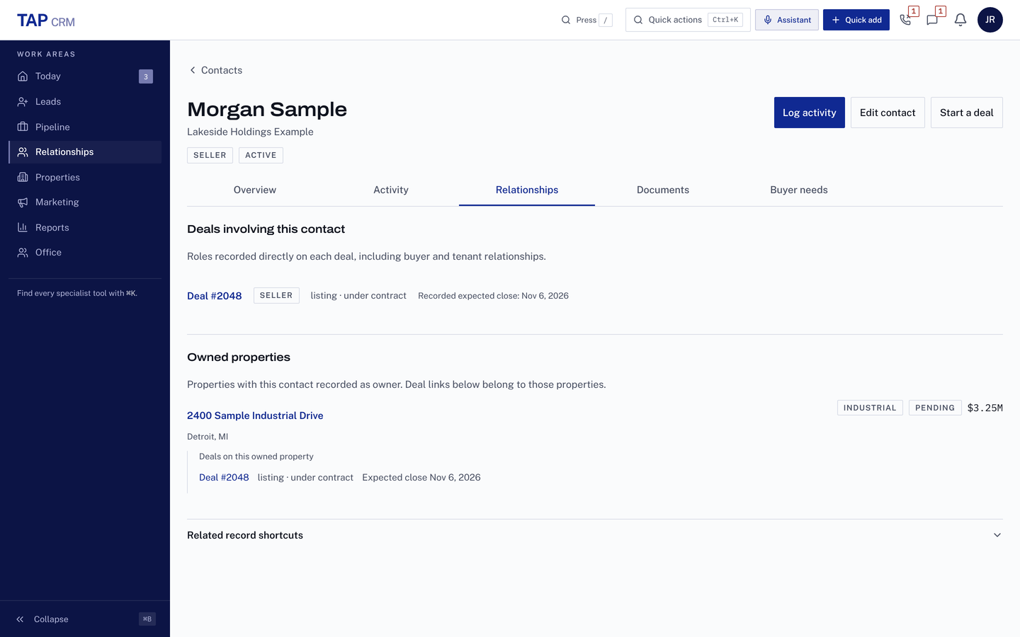 Relationships tab for fictional seller Morgan Sample: Deal #2048, where they are the seller and the deal is under contract, and the industrial property they own at 2400 Sample Industrial Drive.