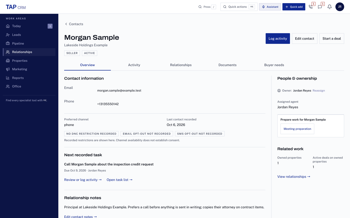 Contact record for a fictional seller, Morgan Sample of Lakeside Holdings Example: contact details, recorded channel restrictions, the next task and the properties and deals linked to them.