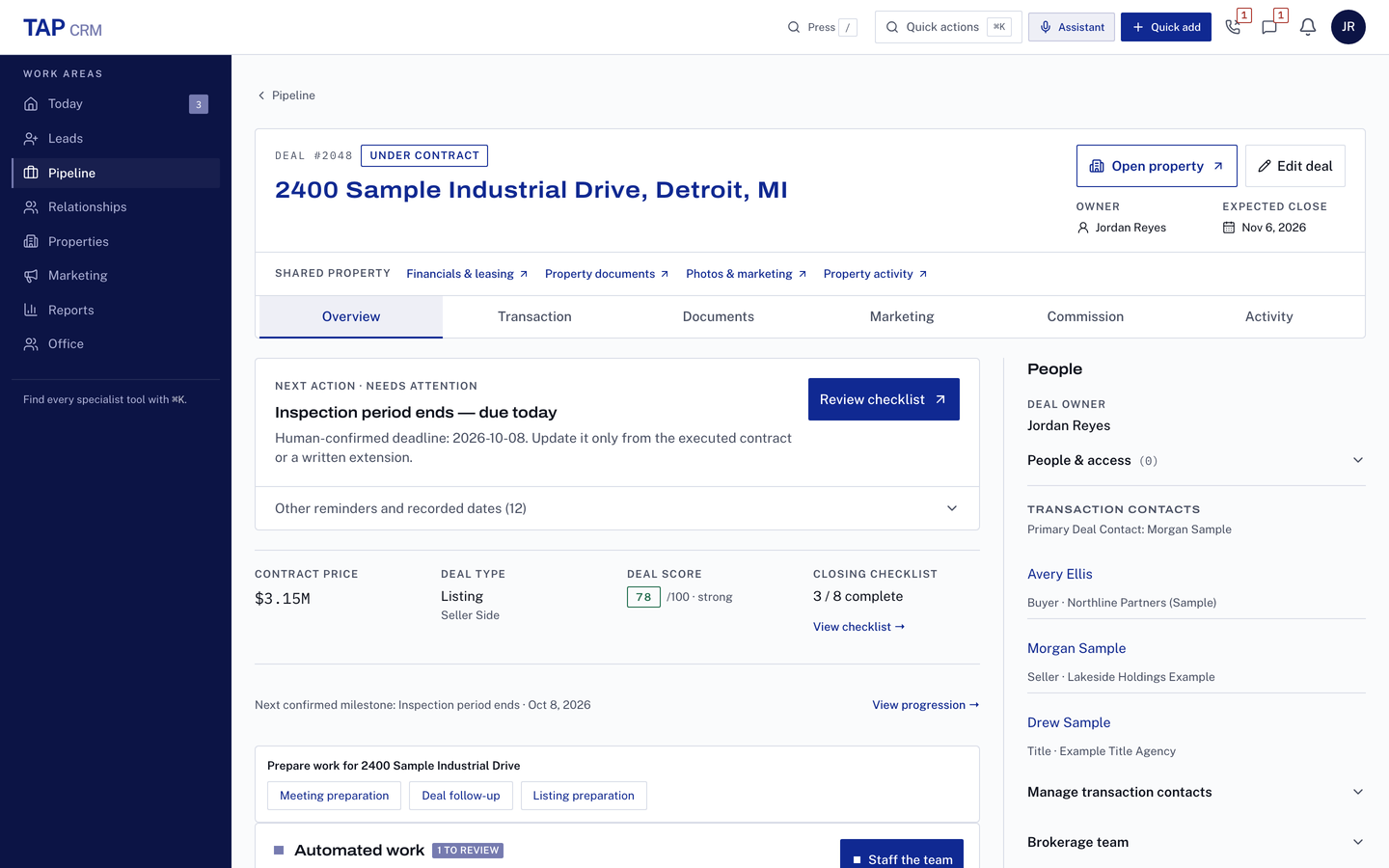 Deal workspace for a fictional listing at 2400 Sample Industrial Drive: Under Contract stamp, contract price, a closing checklist three of eight complete, and the buyer, seller and title contacts.