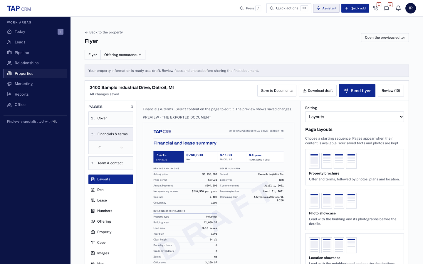 Flyer editor for a fictional industrial property: page list on the left, a preview of the financial and lease summary page with cap rate, NOI and price per square foot, and layout choices on the right.