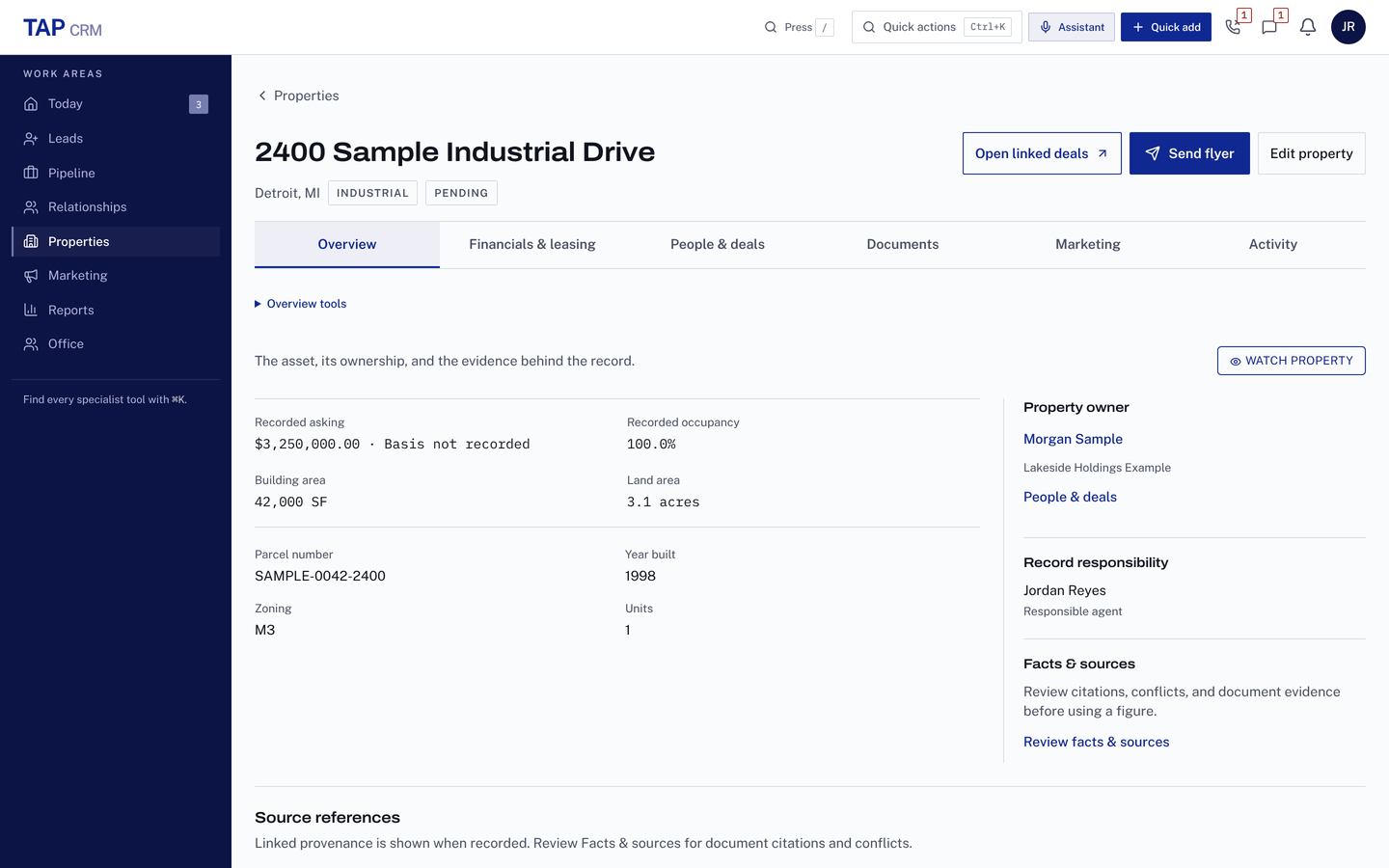 Property record for fictional 2400 Sample Industrial Drive: industrial and pending stamps, the recorded asking price, 42,000 square feet on 3.1 acres, zoning M3 and built 1998, with the owner and responsible agent beside them.