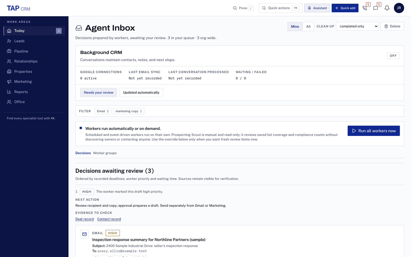 Review queue of machine-prepared drafts awaiting approval, including an email summarizing an inspection response for a fictional buyer, with Approve, Edit, Reject and Ask actions.