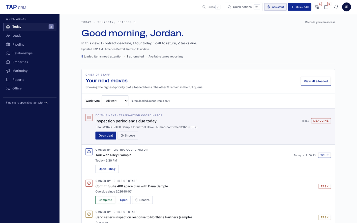TAP CRM Today view for a fictional agent: an inspection deadline due today on a sample industrial deal, a tour at 2:30 PM and tasks ranked by urgency, each with Open, Complete and Snooze actions.